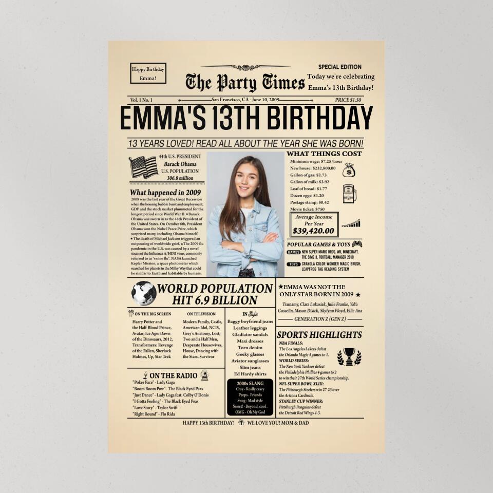 The Party Times Newspaper Happy Birthday Personalized Canvas Poster