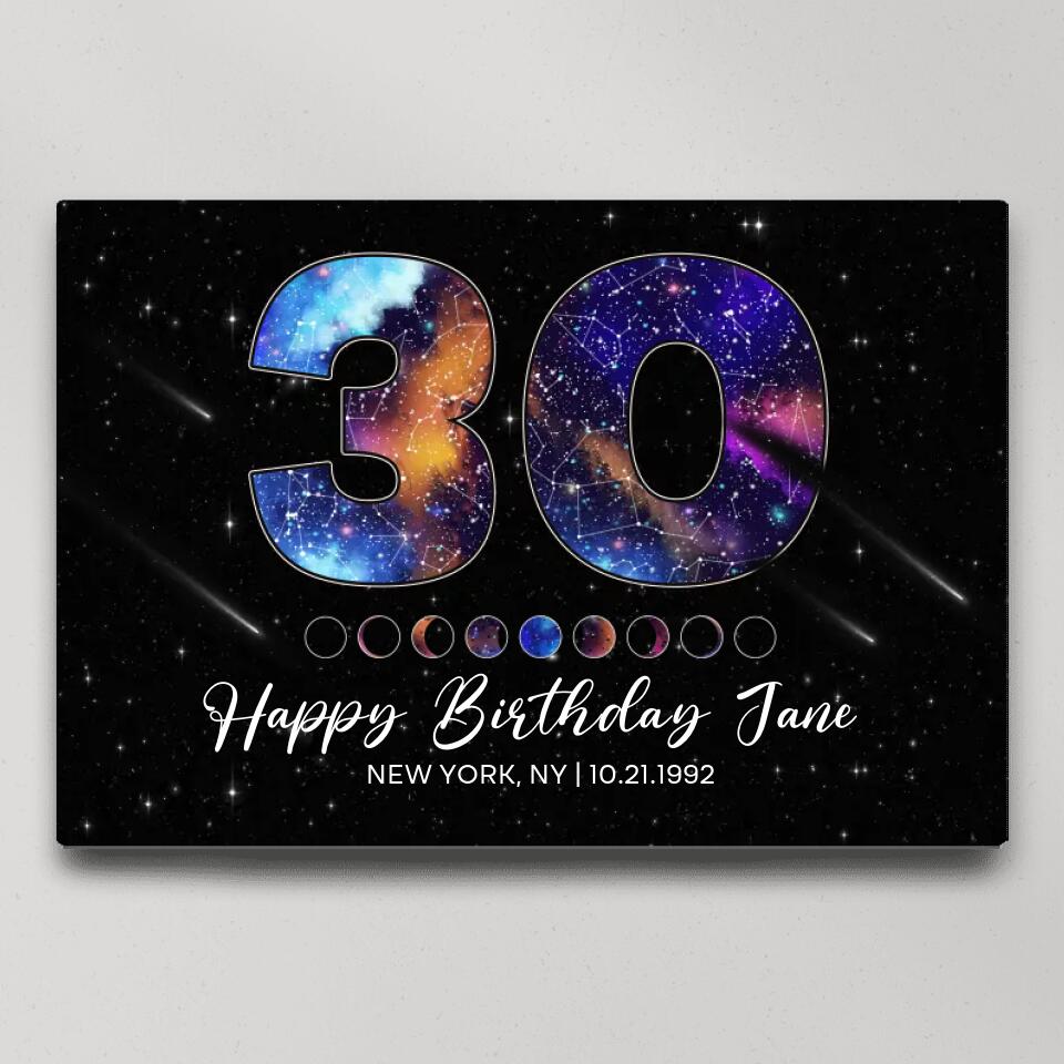 Happy 30th Birthday Custom Star Map Night Sky Canvas Poster Birthday Gift For Him For Her