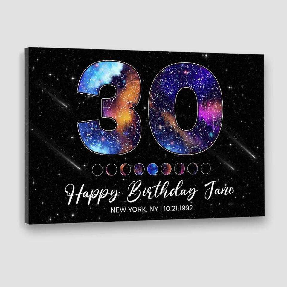 Happy 30th Birthday Custom Star Map Night Sky Canvas Poster Birthday Gift For Him For Her