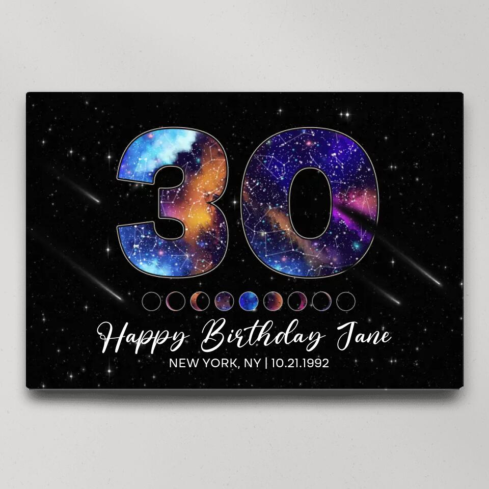 Happy 30th Birthday Custom Star Map Night Sky Canvas Poster Birthday Gift For Him For Her