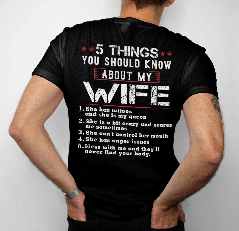 5 Things You Should Know About My Wife, Personalized Back Shirt For Men, Funny Gifts For Husband