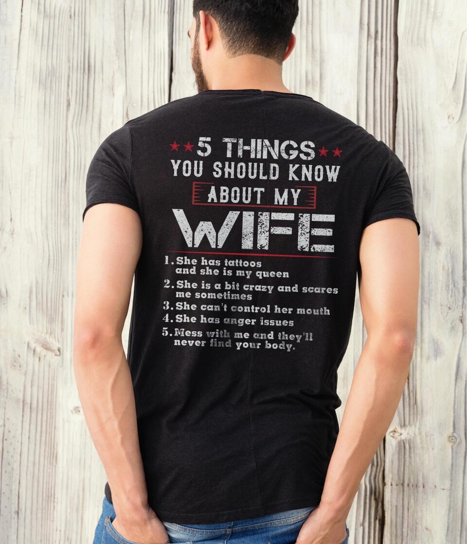 5 Things You Should Know About My Wife, Personalized Back Shirt For Men, Funny Gifts For Husband