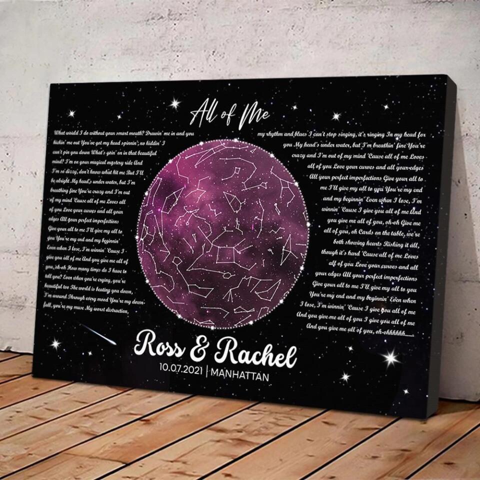 Night Sky Star Map And Song Lyrics Custom Canvas Poster Anniversary Gift For Couples