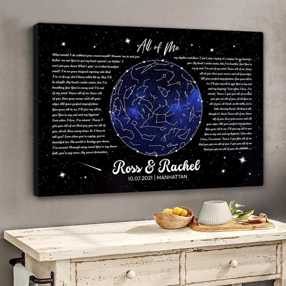 Night Sky Star Map And Song Lyrics Custom Canvas Poster Anniversary Gift For Couples