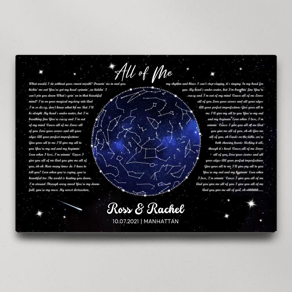 Night Sky Star Map And Song Lyrics Custom Canvas Poster Anniversary Gift For Couples