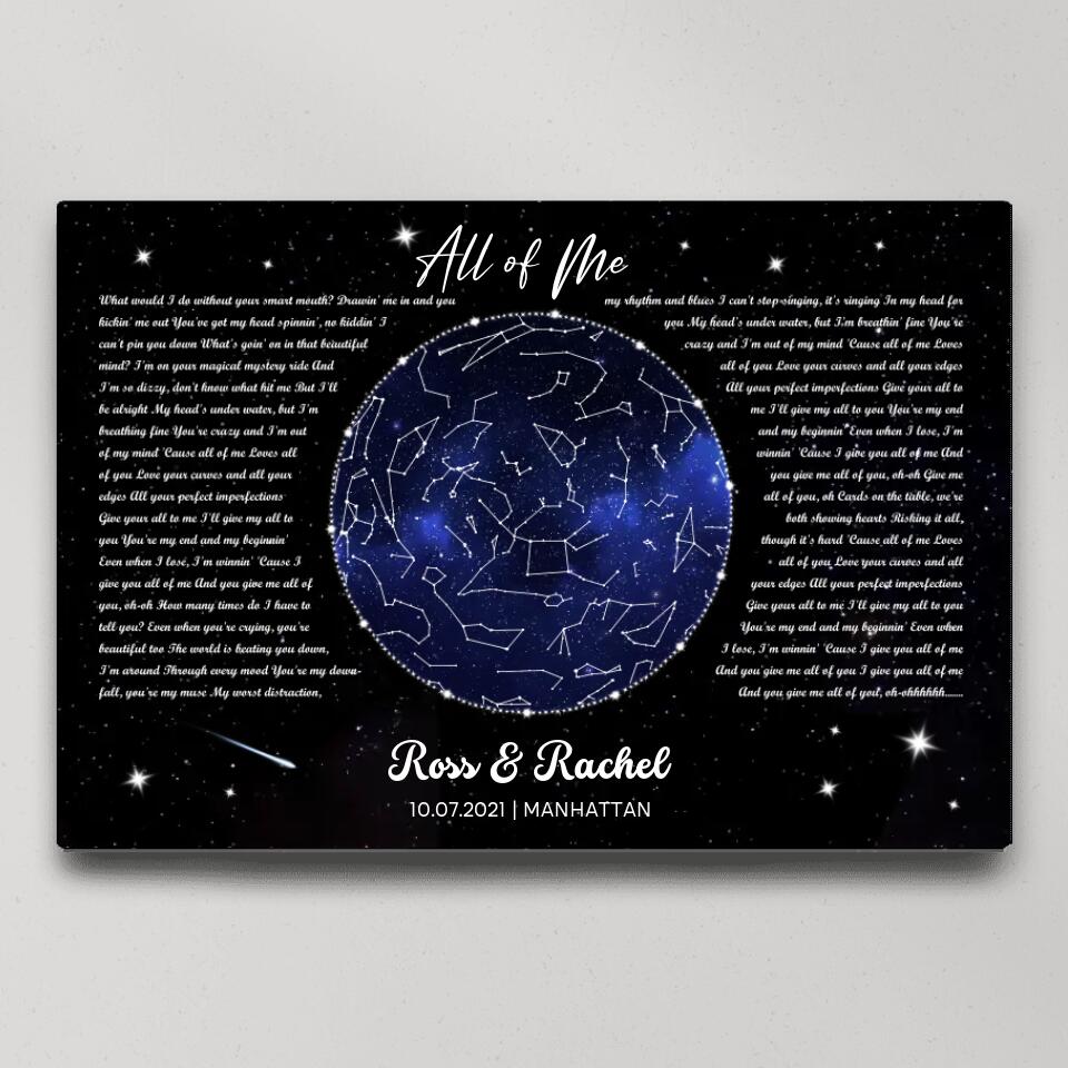 Night Sky Star Map And Song Lyrics Custom Canvas Poster Anniversary Gift For Couples