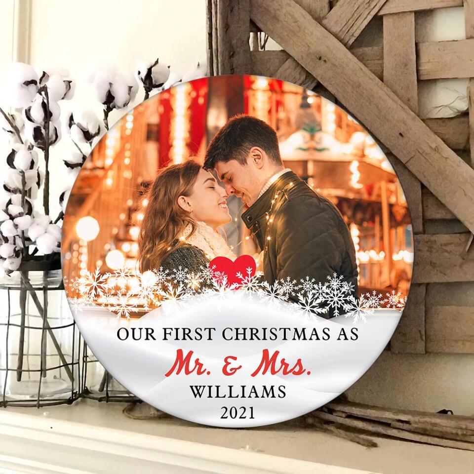 Couple Wooden Sign Our First Christmas Together As Mr Mrs Personalized Round Wood Sign