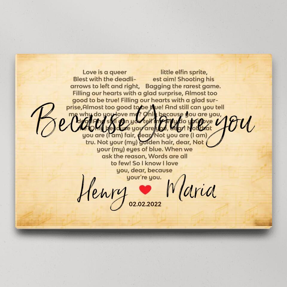 Because You're You Favorite Song Lyrics Custom Canvas Poster Anniversary Gift For Wife For Husband