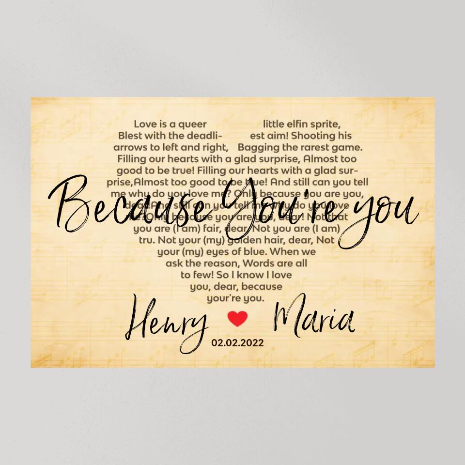 Because You're You Favorite Song Lyrics Custom Canvas Poster Anniversary Gift For Wife For Husband