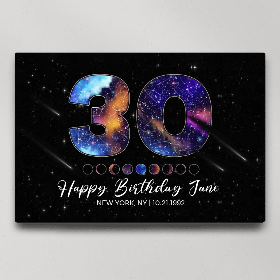 Happy 30th Birthday Custom Star Map Night Sky Canvas Poster Birthday Gift For Him For Her