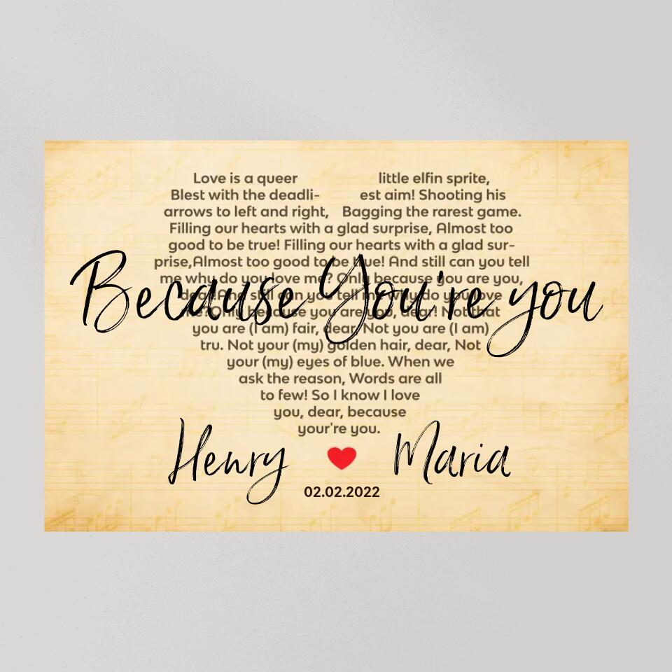 Because You're You Favorite Song Lyrics Custom Canvas Poster Anniversary Gift For Wife For Husband