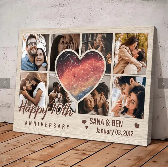 Heart Shape Star Map Happy Anniversary 8 Photo Collage Personalized Canvas Poster