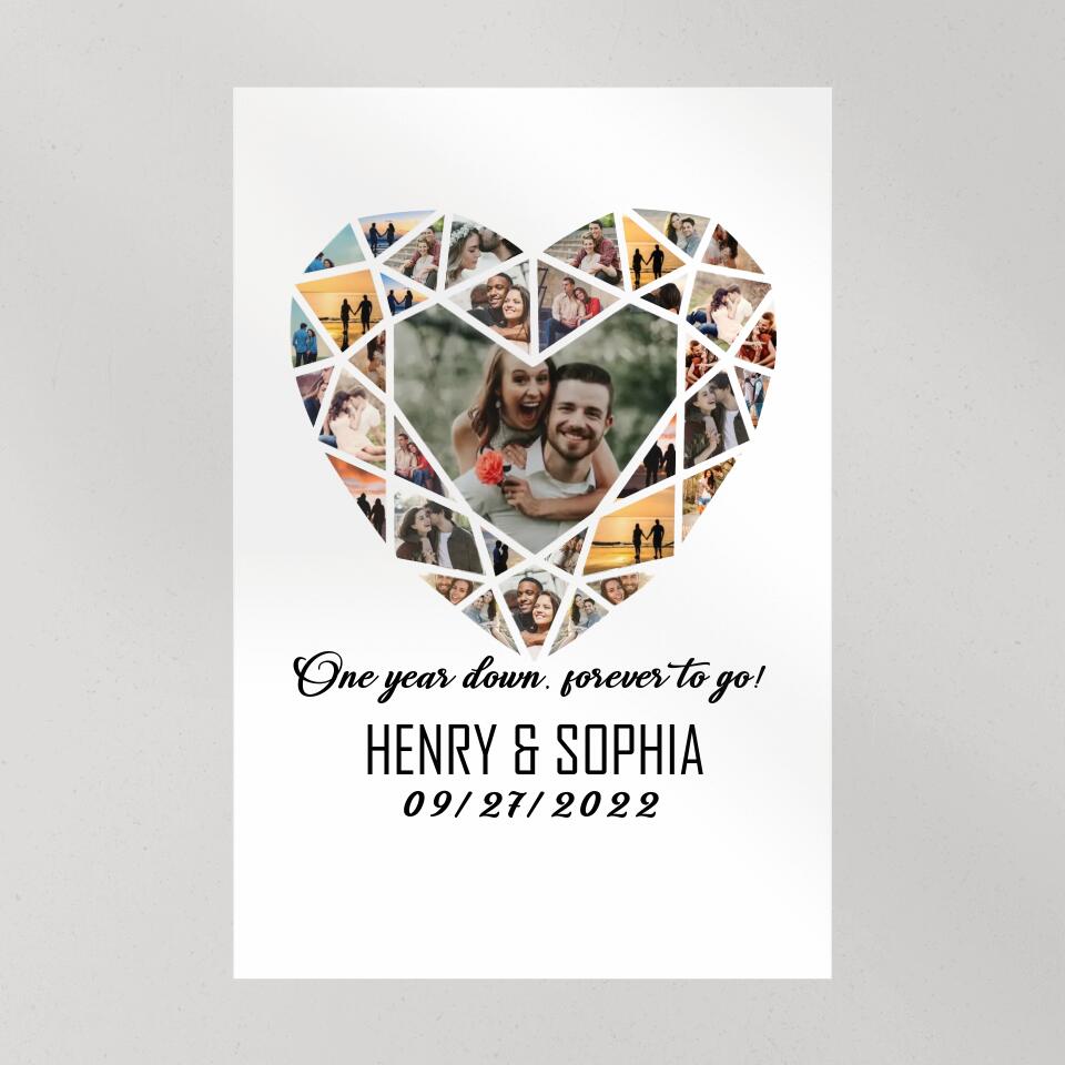 Personalized Valentine Gifts - One Year Down Forever To Go Photo Collage Custom Canvas Poster Anniversary Gift For Couples