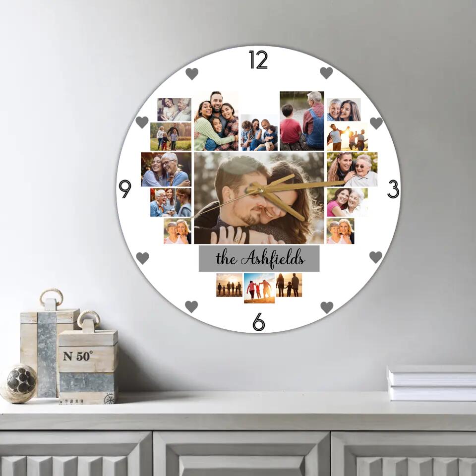 Couple Wooden Sign Custom Photo Collage - Personalized Upload Image Wall Clock - Gift for Couples, Husband And Wife