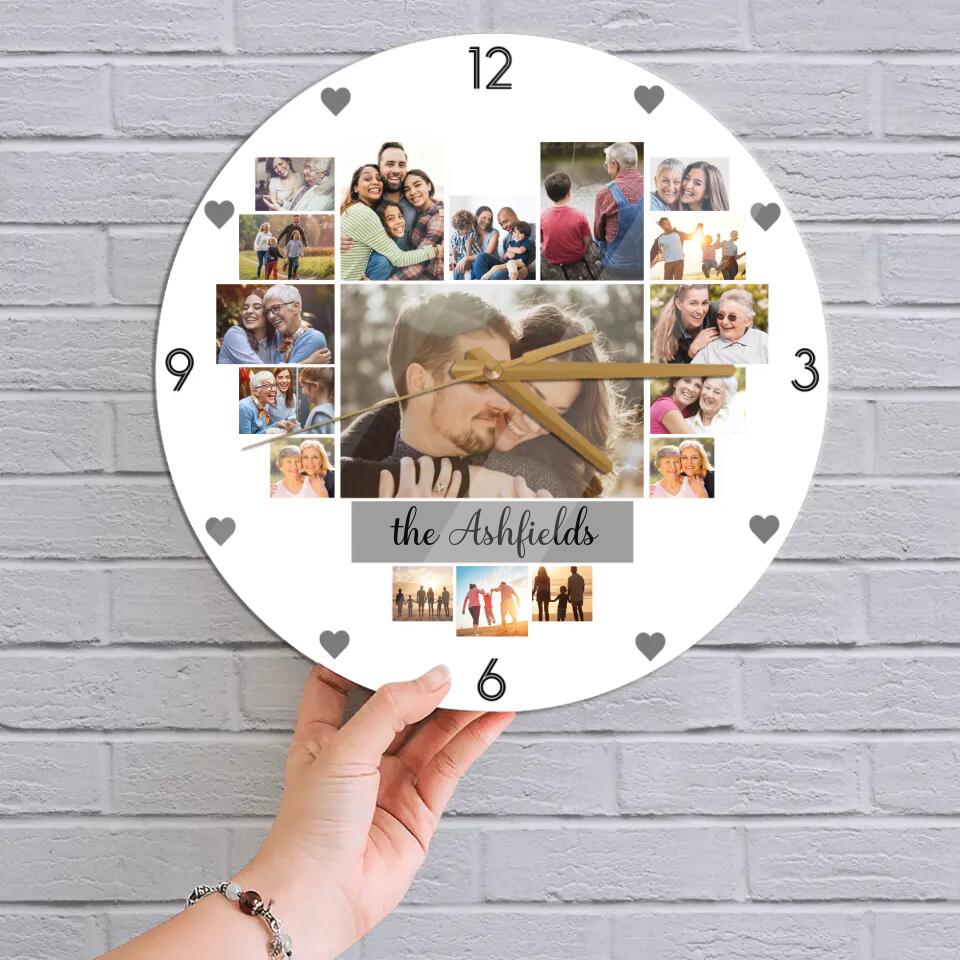 Couple Wooden Sign Custom Photo Collage - Personalized Upload Image Wall Clock - Gift for Couples, Husband And Wife