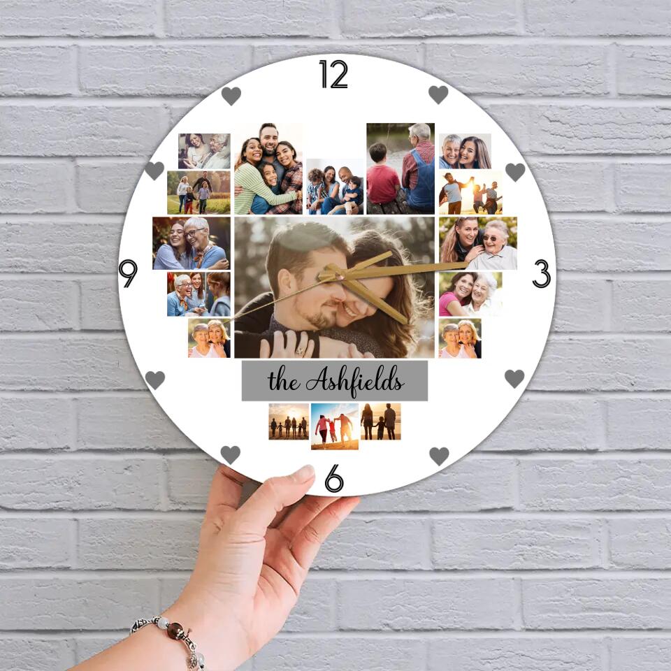 Couple Wooden Sign Custom Photo Collage - Personalized Upload Image Wall Clock - Gift for Couples, Husband And Wife