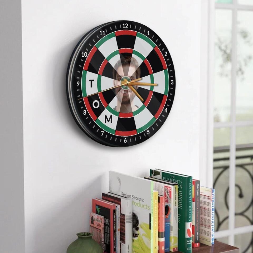 Personalized Photo And Name - Customized Dart Board Wall Clock - Funny Game Room Decor - Gift for Dart Board Lover - 210ICNNPWC047