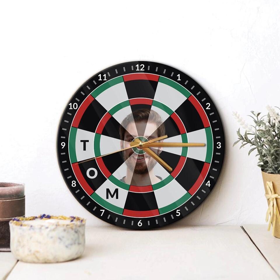 Personalized Photo And Name - Customized Dart Board Wall Clock - Funny Game Room Decor - Gift for Dart Board Lover - 210ICNNPWC047