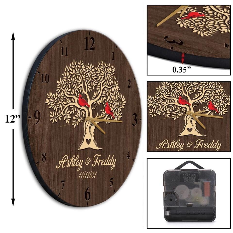 Cardinals On The Tree - Personalized Wooden Wall Clock - Anniversary Gift For Parents/ For Mom, For Her - 210IHNBNWC708