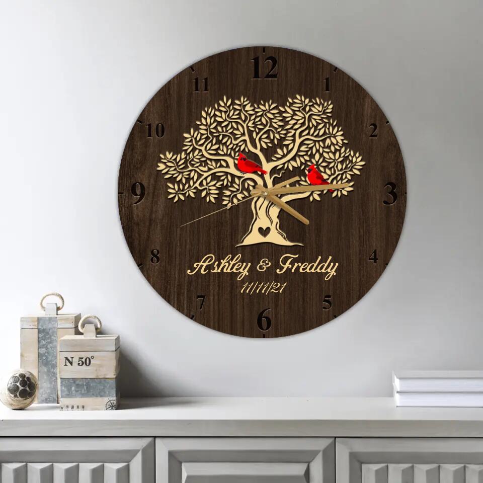 Cardinals On The Tree - Personalized Wooden Wall Clock - Anniversary Gift For Parents/ For Mom, For Her - 210IHNBNWC708