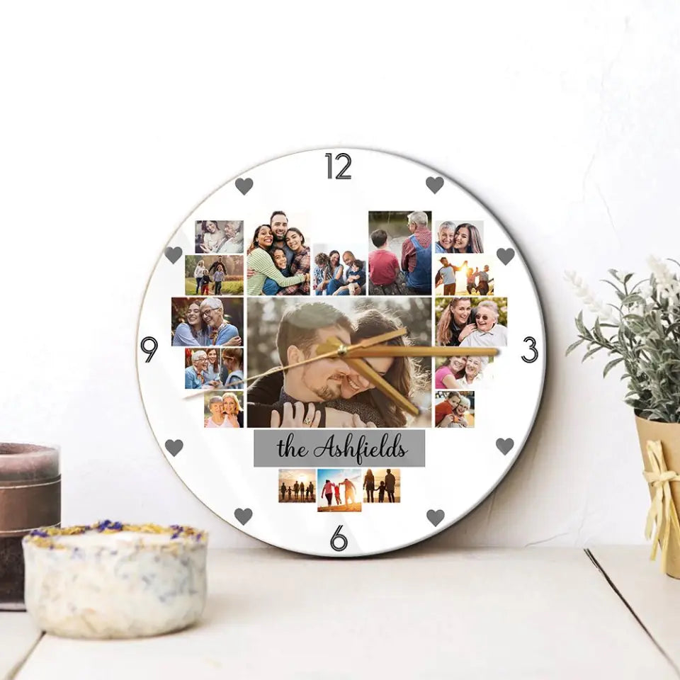 Couple Wooden Sign Custom Photo Collage - Personalized Upload Image Wall Clock - Gift for Couples, Husband And Wife