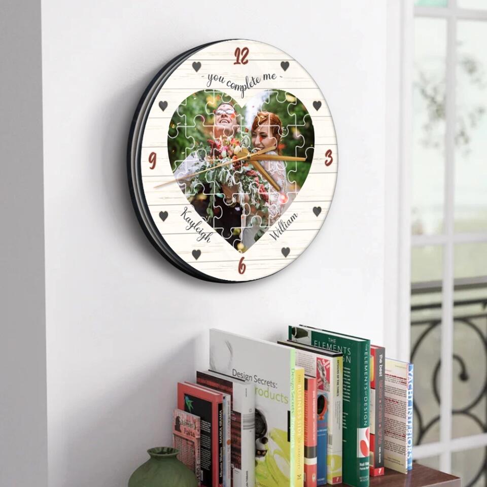 Couple Wooden Sign You Complete Me - Personalized Upload Photo Puzzle Wall Clock - Best Gift For Him, Her