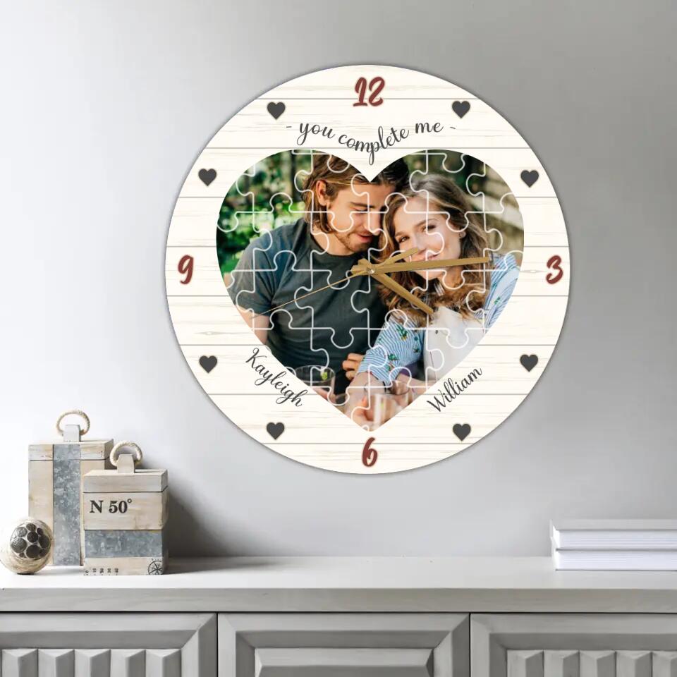 Couple Wooden Sign You Complete Me - Personalized Upload Photo Puzzle Wall Clock - Best Gift For Him, Her