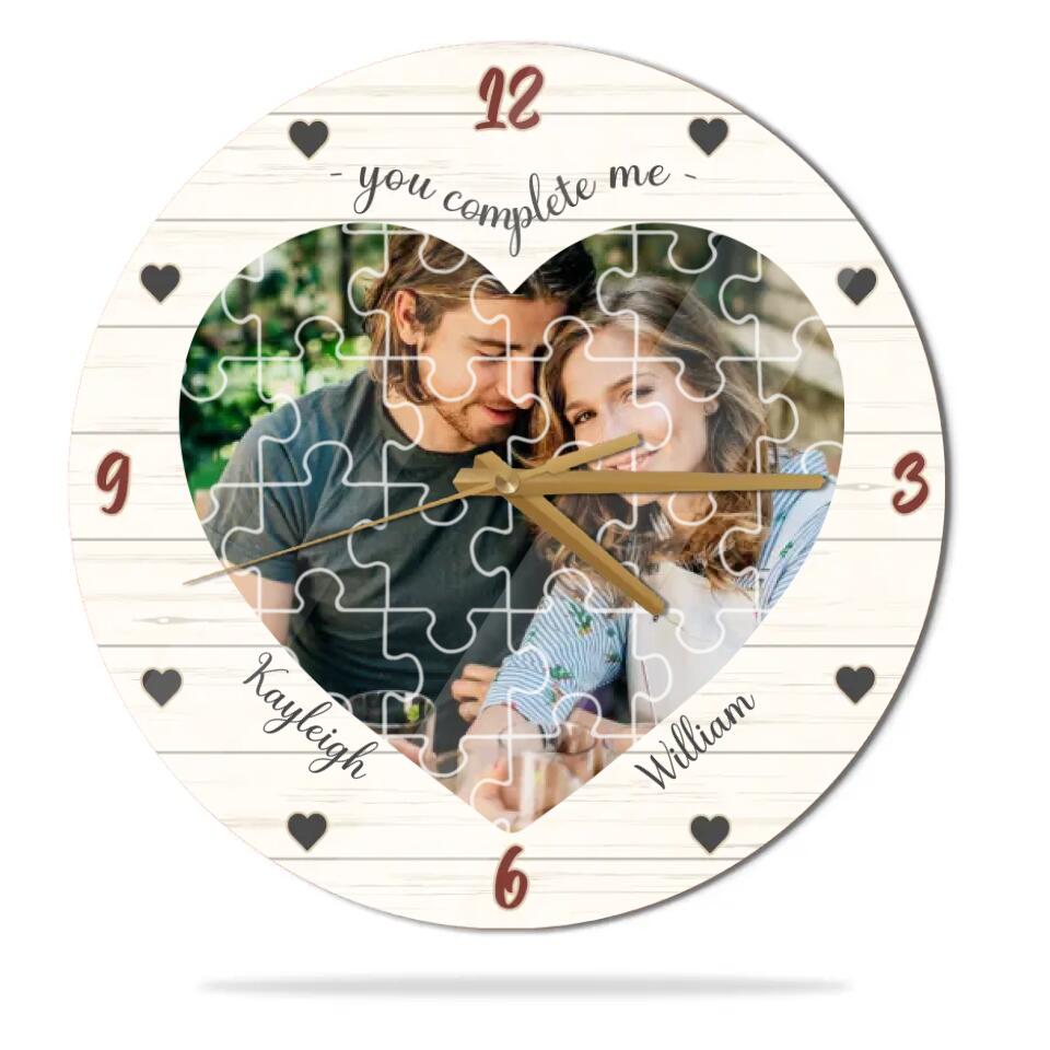 Couple Wooden Sign You Complete Me - Personalized Upload Photo Puzzle Wall Clock - Best Gift For Him, Her