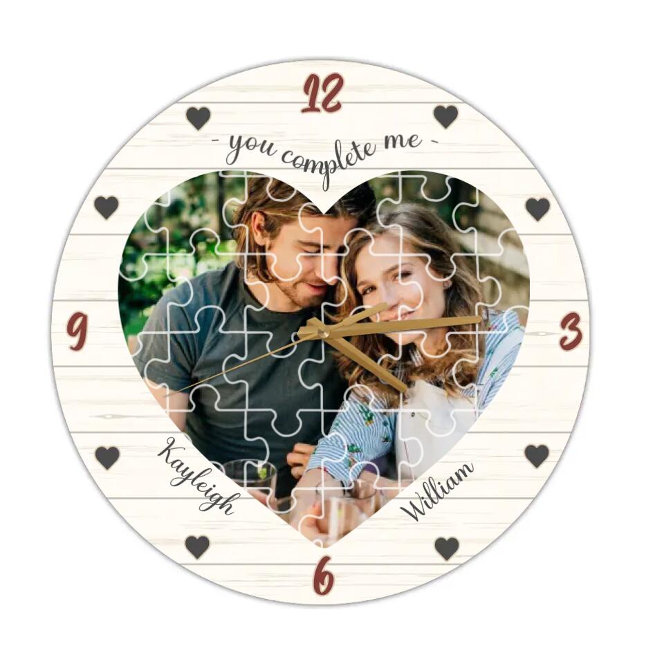 Couple Wooden Sign You Complete Me - Personalized Upload Photo Puzzle Wall Clock - Best Gift For Him, Her