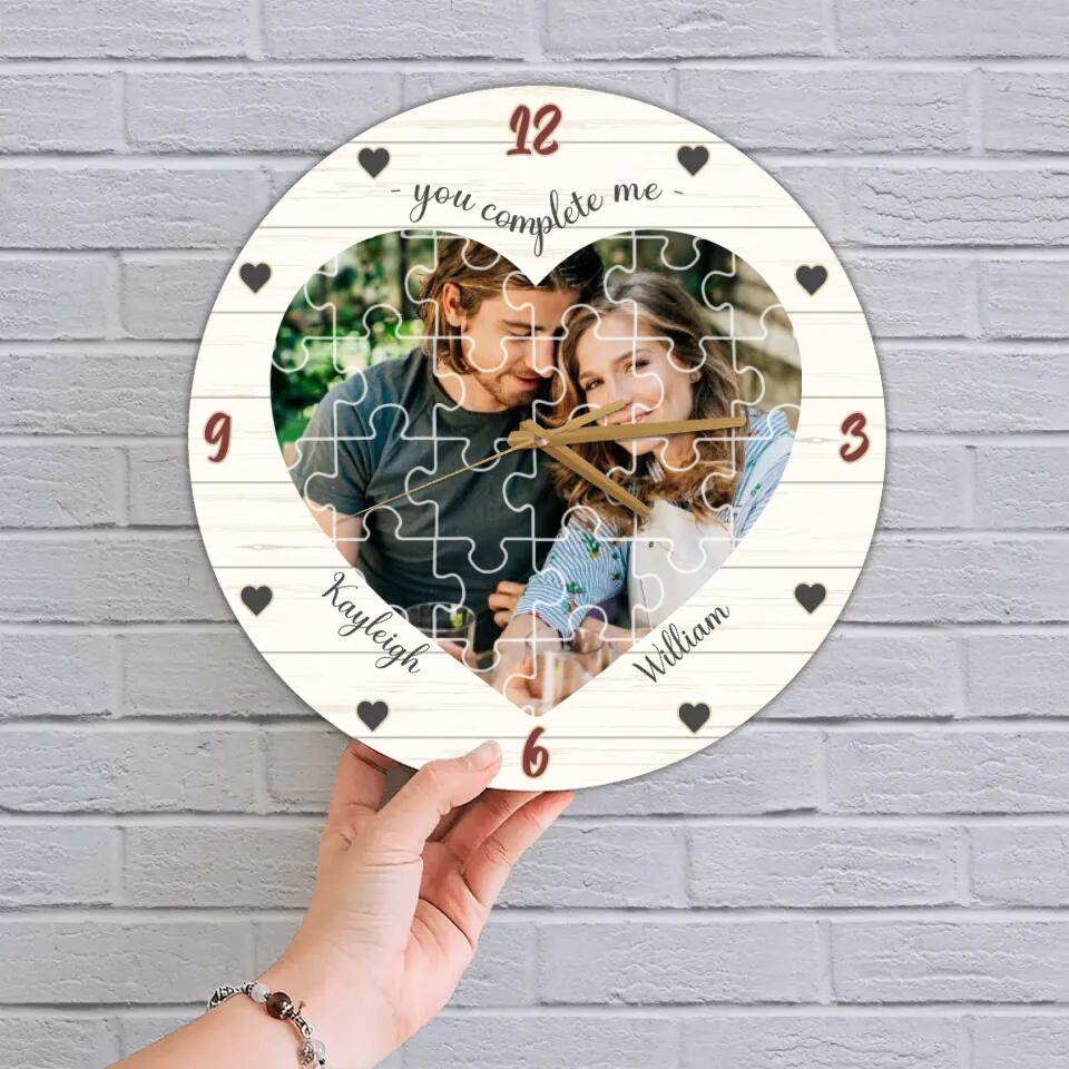 Couple Wooden Sign You Complete Me - Personalized Upload Photo Puzzle Wall Clock - Best Gift For Him, Her