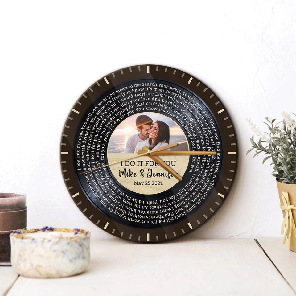 Couple Wooden Sign Personalized Valentine Gifts - I Do It For You - Personalized Upload Photo & Lyrics Wall Clock - Home Decor - Gift for Couples