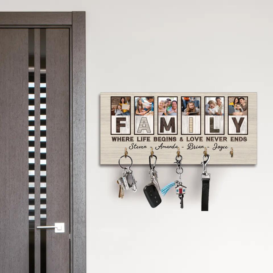 Family Where Life Begins And Love Never Ends, Custom Family Name Wooden Key Holder Hanger, Indoor Home Decor Gift