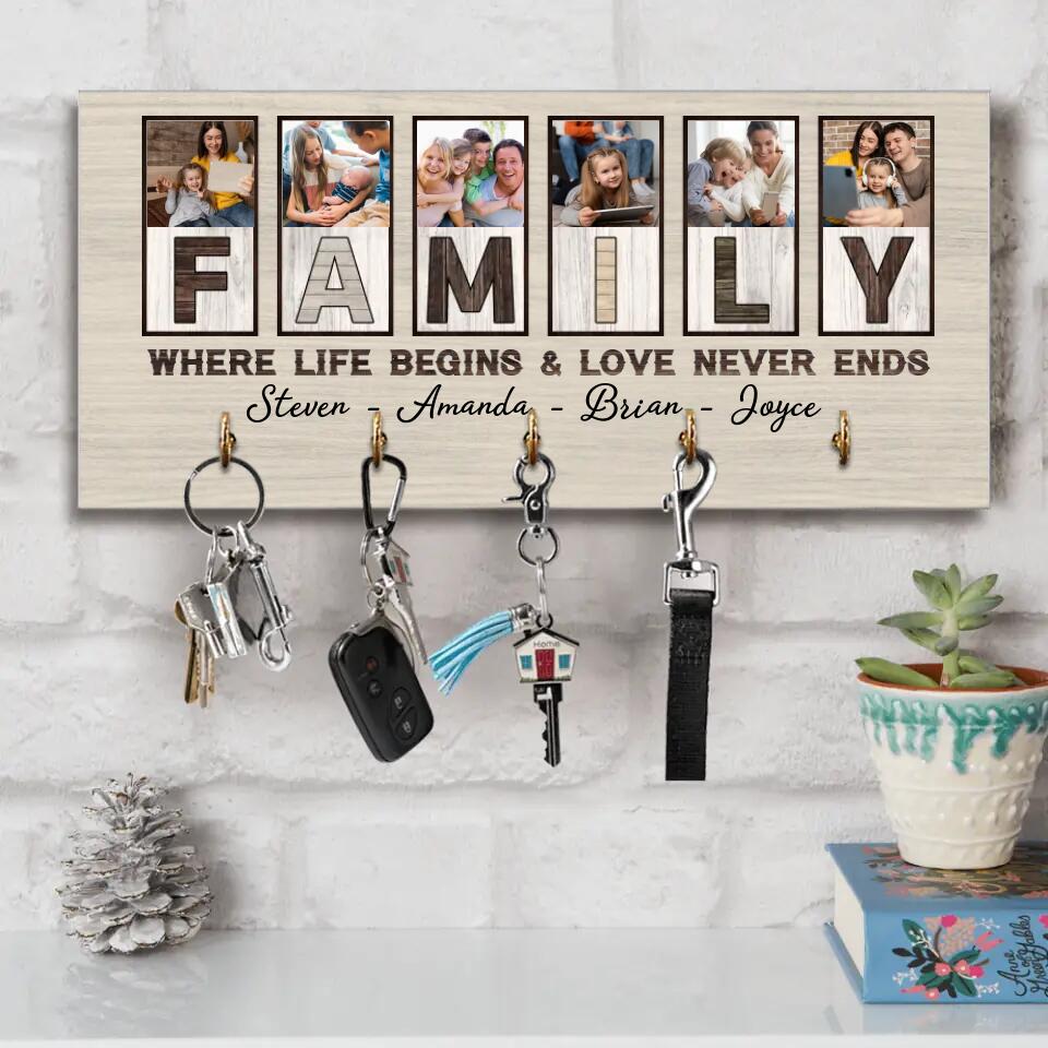 Family Where Life Begins And Love Never Ends, Custom Family Name Wooden Key Holder Hanger, Indoor Home Decor Gift