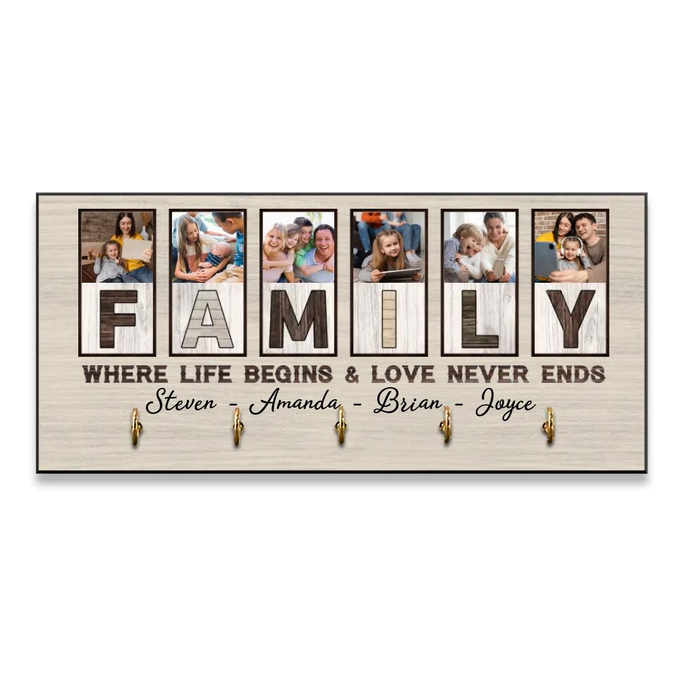 Family Where Life Begins And Love Never Ends, Custom Family Name Wooden Key Holder Hanger, Indoor Home Decor Gift