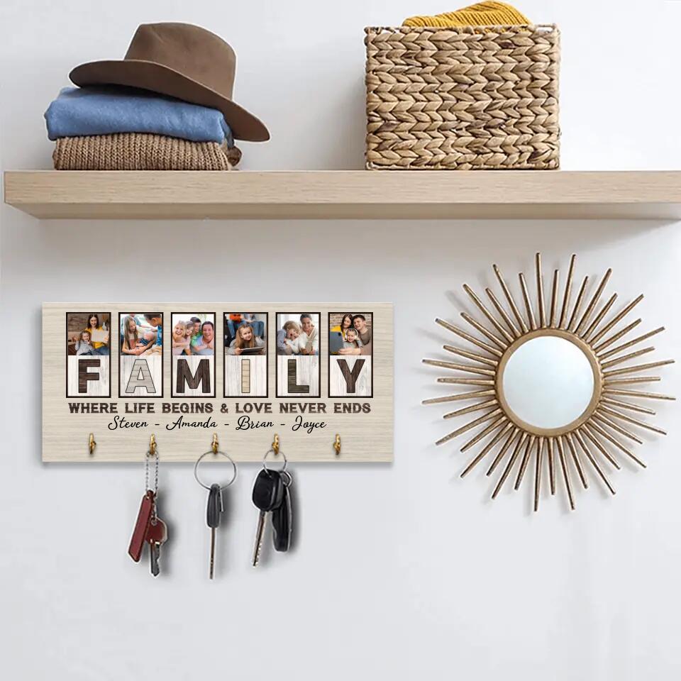 Family Where Life Begins And Love Never Ends, Custom Family Name Wooden Key Holder Hanger, Indoor Home Decor Gift
