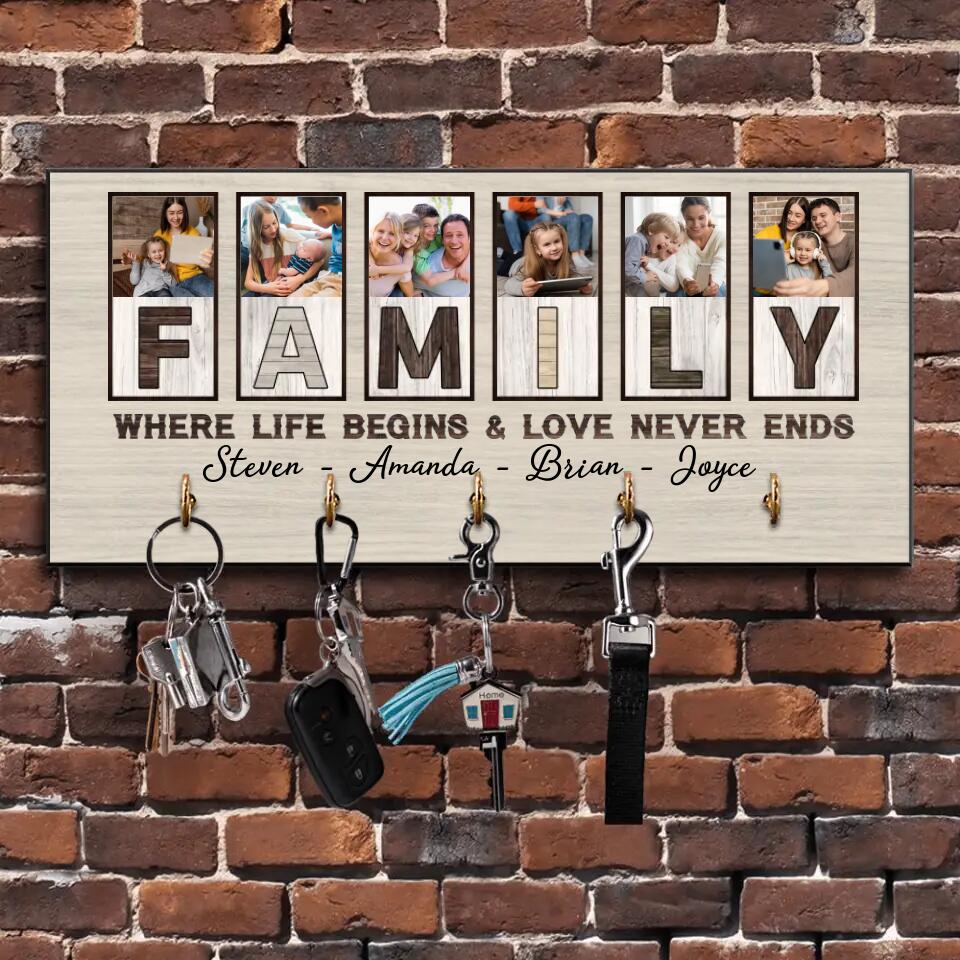Family Where Life Begins And Love Never Ends, Custom Family Name Wooden Key Holder Hanger, Indoor Home Decor Gift