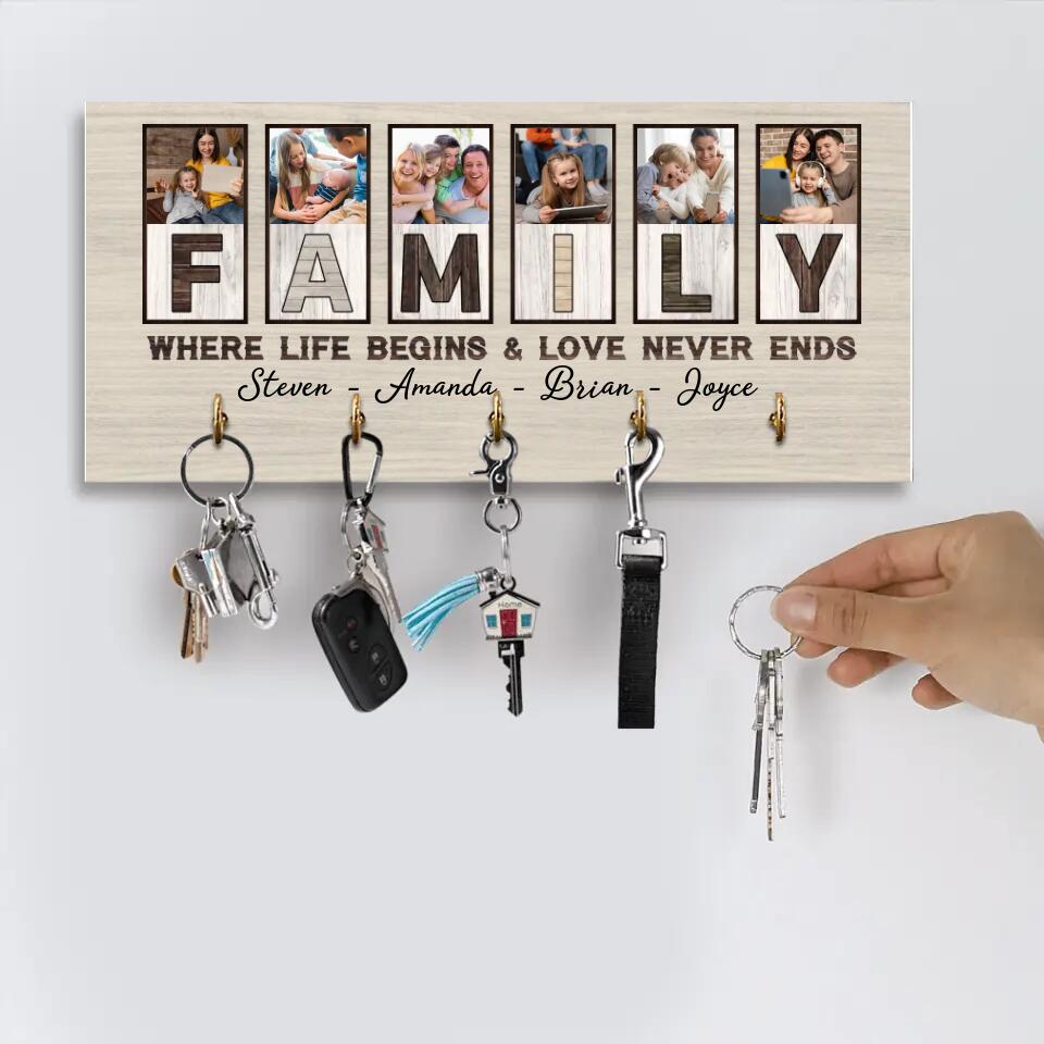 Family Where Life Begins And Love Never Ends, Custom Family Name Wooden Key Holder Hanger, Indoor Home Decor Gift