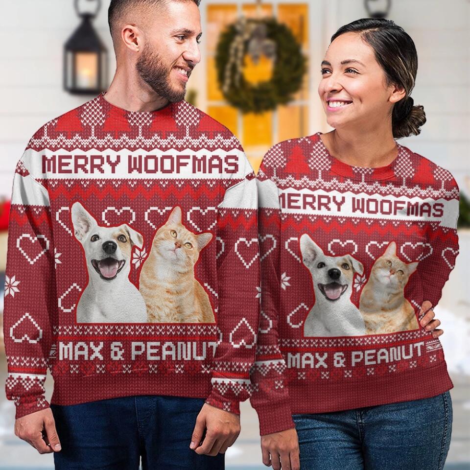 Merry Woofmas Custom Pet Face Christmas Sweatshirt Christmas Gift For Dog Cat Lovers
