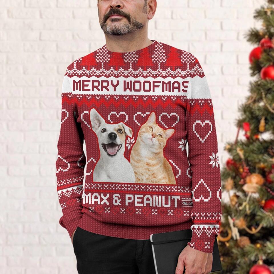 Merry Woofmas Custom Pet Face Christmas Sweatshirt Christmas Gift For Dog Cat Lovers