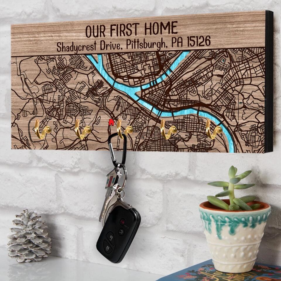Personalized Valentine Gifts - Our First Home - Personalized Map Key Holder