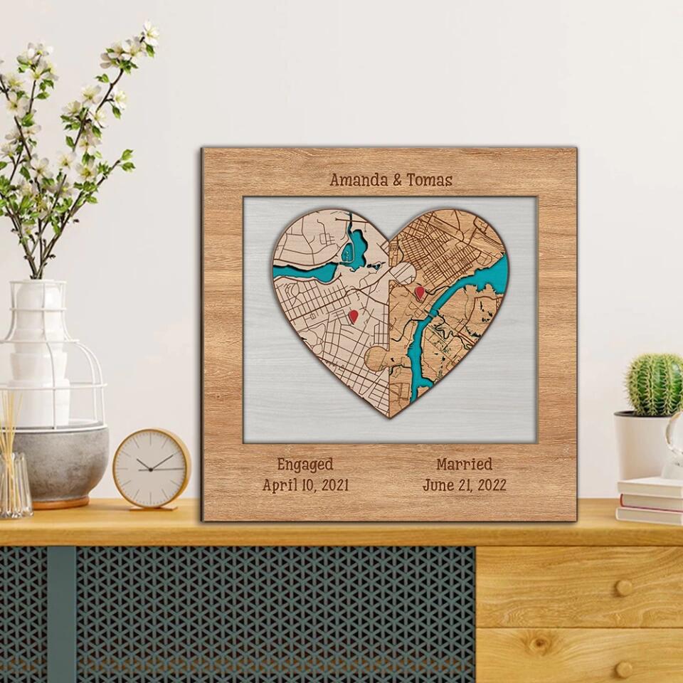 Couple Wooden Sign Two Hearts Two Locations Map Custom Wooden Art Anniversary Gift For Couples