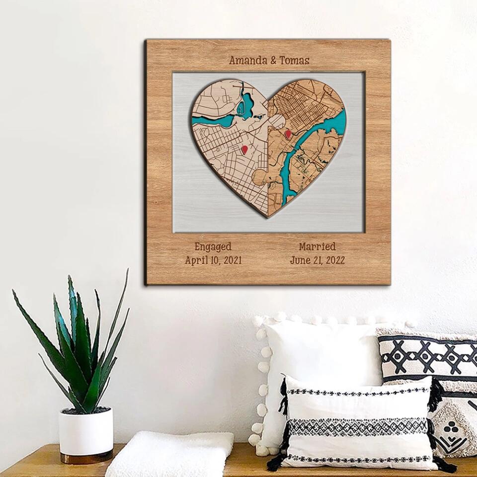 Couple Wooden Sign Two Hearts Two Locations Map Custom Wooden Art Anniversary Gift For Couples