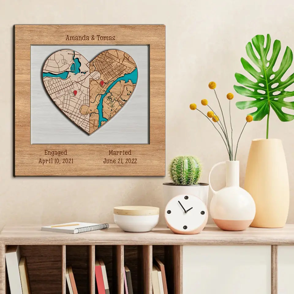 Newly Wed Gifts Two Locations Heart Puzzle Map Wooden Framed Wall Art - 2 Layered Wooden Art Piece - 210IHPNPLP443