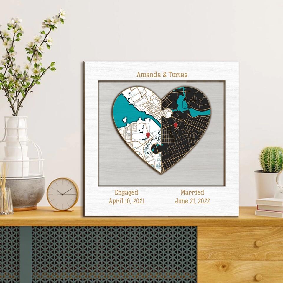 Couple Wooden Sign Two Hearts Two Locations Map Custom Wooden Art Anniversary Gift For Couples