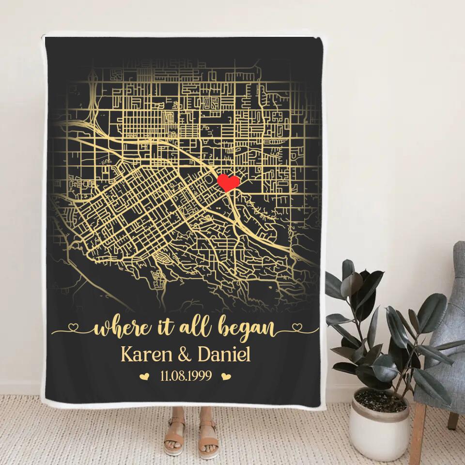 Where It All Began, Personalized Map Print & Names Blanket, Anniversary Gift for Couples