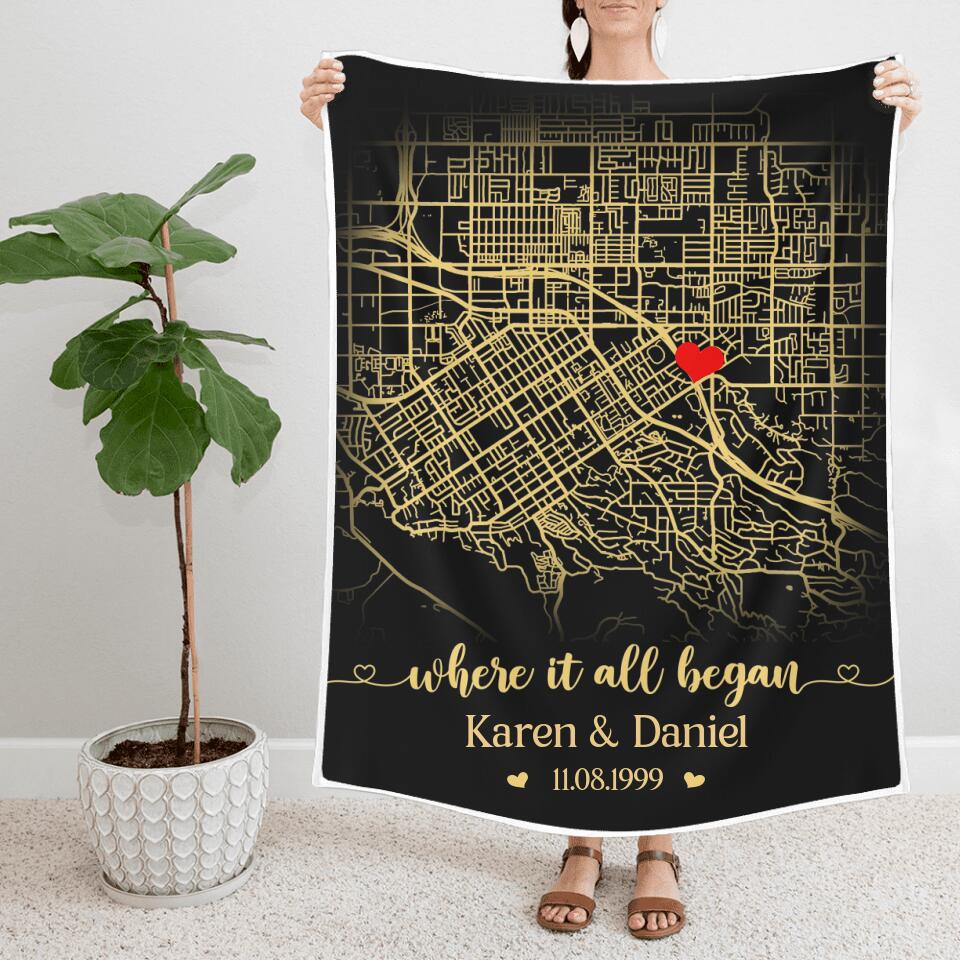 Where It All Began, Personalized Map Print & Names Blanket, Anniversary Gift for Couples