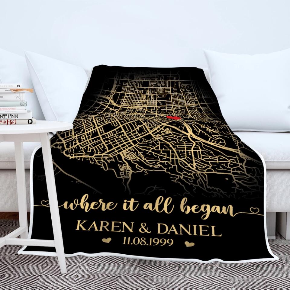 Where It All Began, Personalized Map Print & Names Blanket, Anniversary Gift for Couples