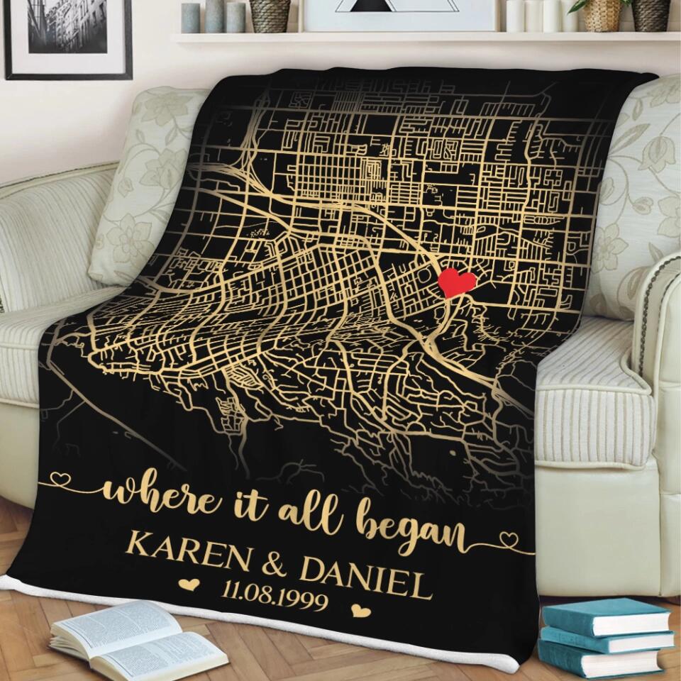 Where It All Began, Personalized Map Print & Names Blanket, Anniversary Gift for Couples