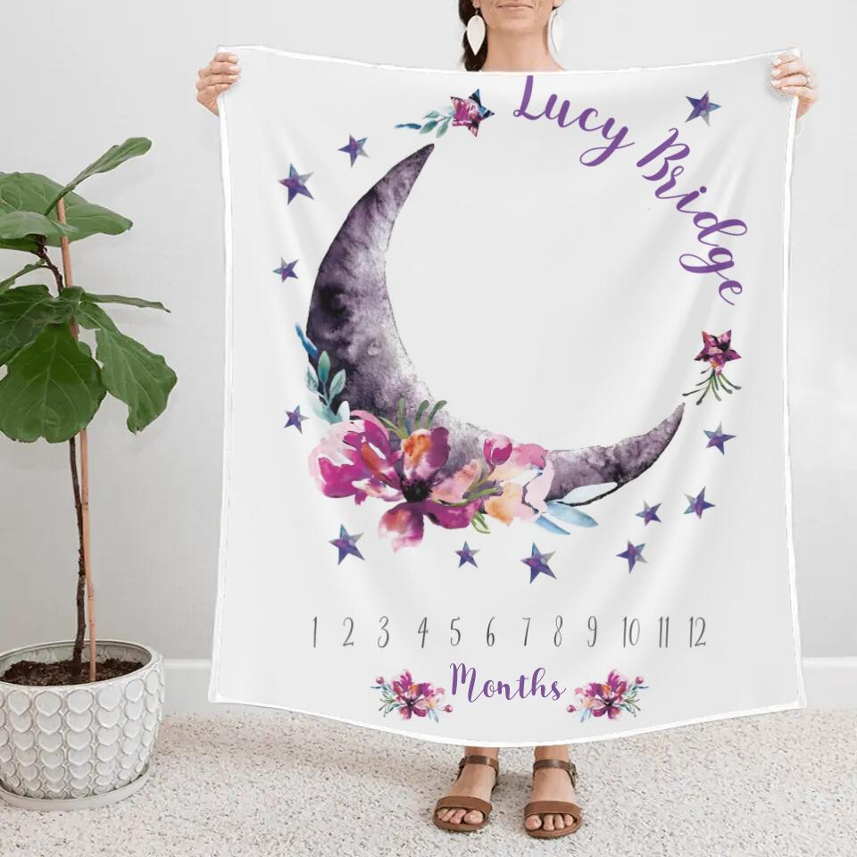 Baby Month Milestone Blanket- Moon and Stars - Celestial - Girl - Personalized Baby Blanket - New Mom Baby Shower Gift - 211IHPLNBL516