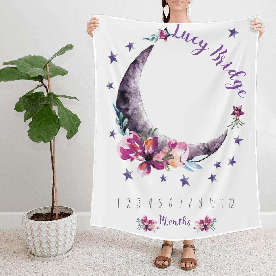 Baby Month Milestone Blanket- Moon and Stars - Celestial - Girl - Personalized Baby Blanket - New Mom Baby Shower Gift - 211IHPLNBL516